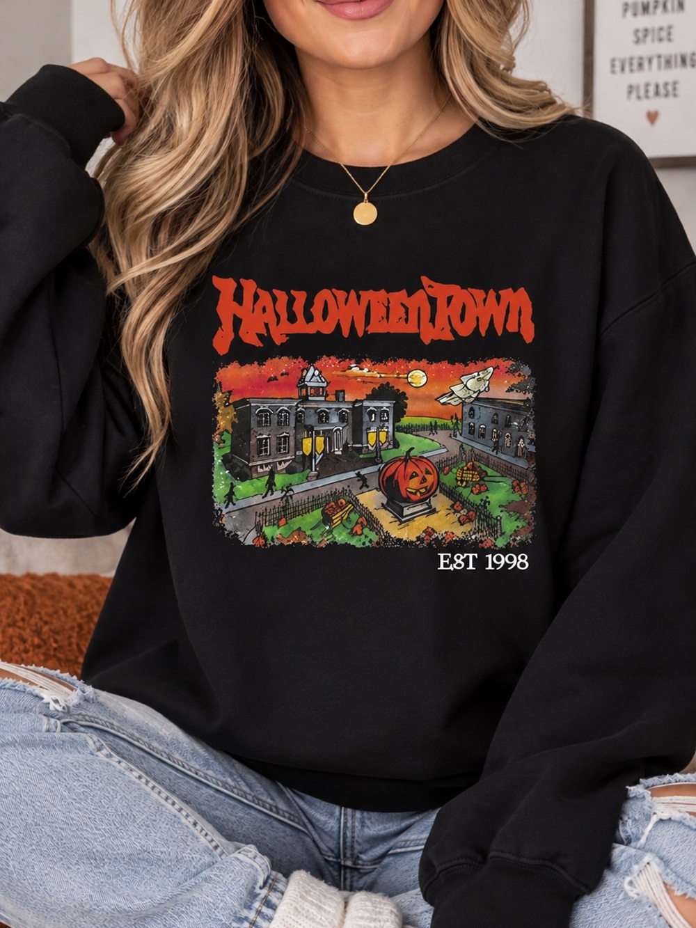 Gildan Black Halloween Town Graphic Crewneck Sweatshirt